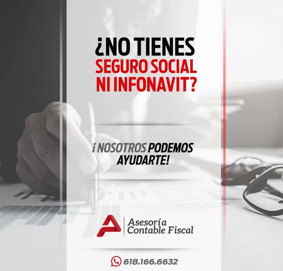 Anuncio: Ofrece ayuda con la seguridad social y el INFONAVIT. Incluye texto, logotipo, información de contacto y fondo borroso.