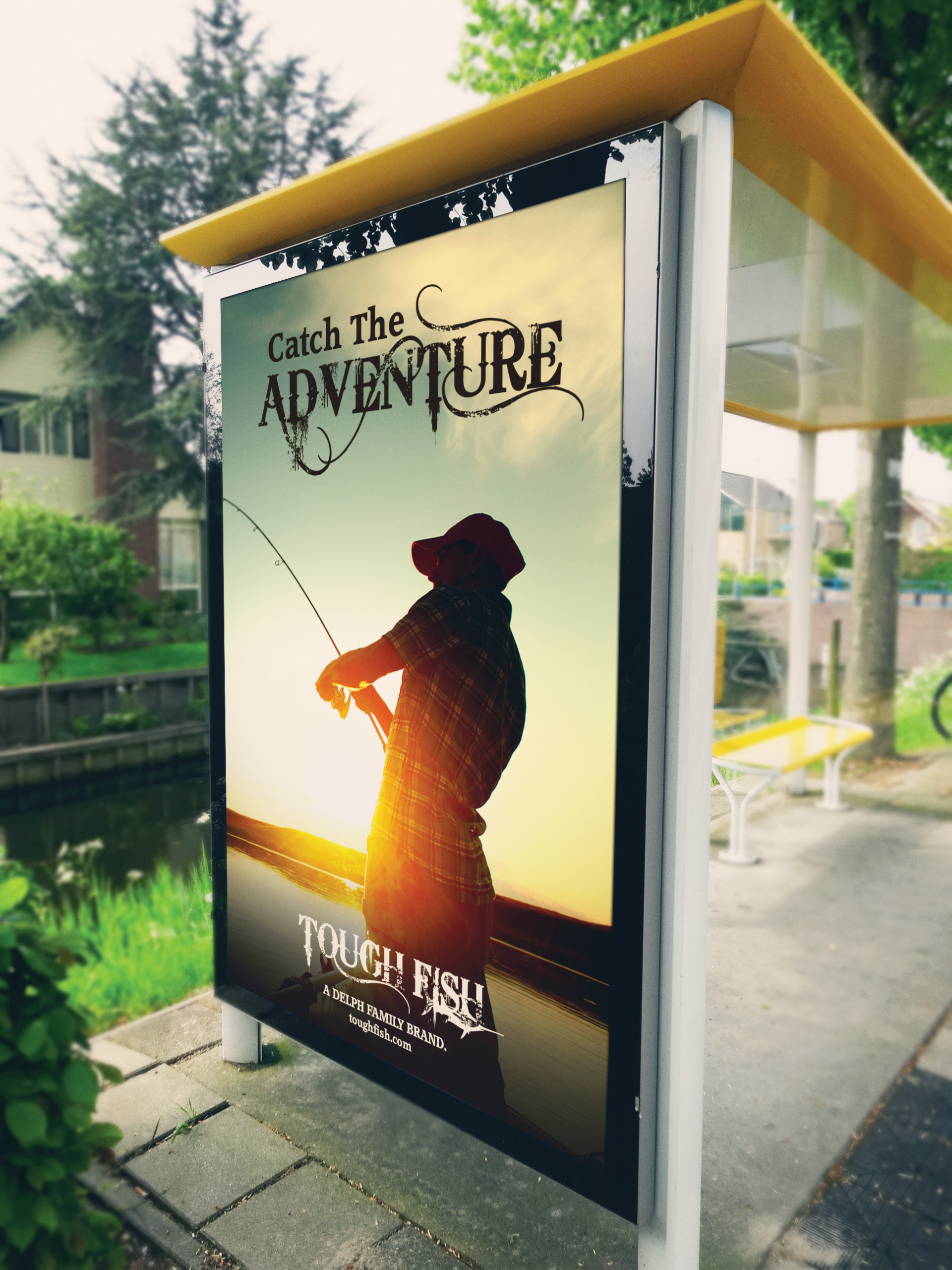A poster on a bus stop that says catch the adventure