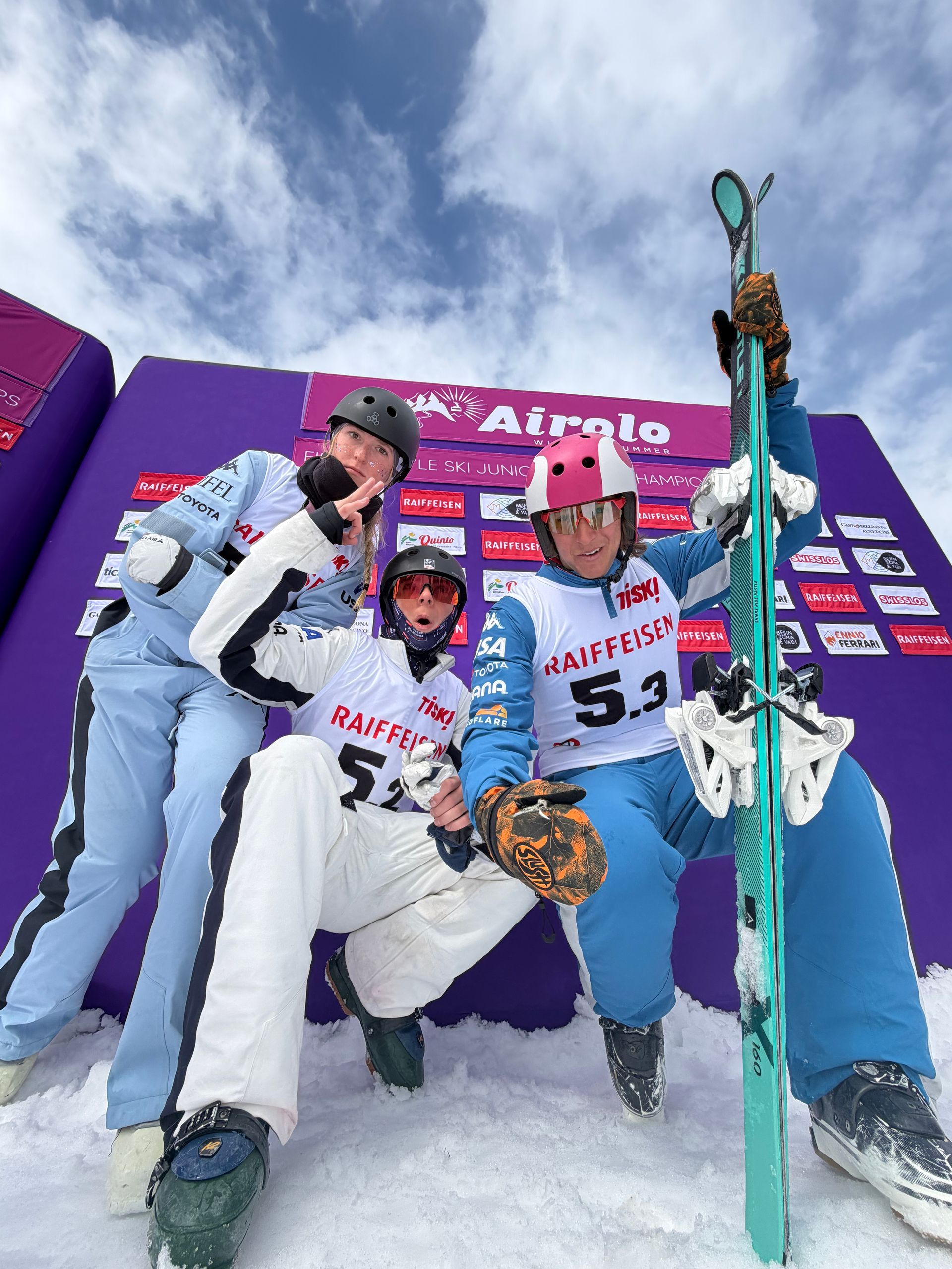 Aerials athletes celebrating their 3rd place finish at Jr Worlds!