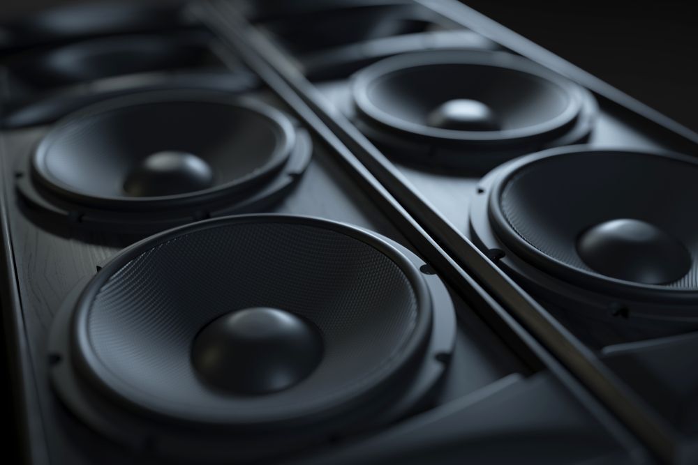 Close-up Of A Speaker Array. Four Large Round Speakers Are Visible — Kennedy Amplifier Hire Service In South Mackay, QLD