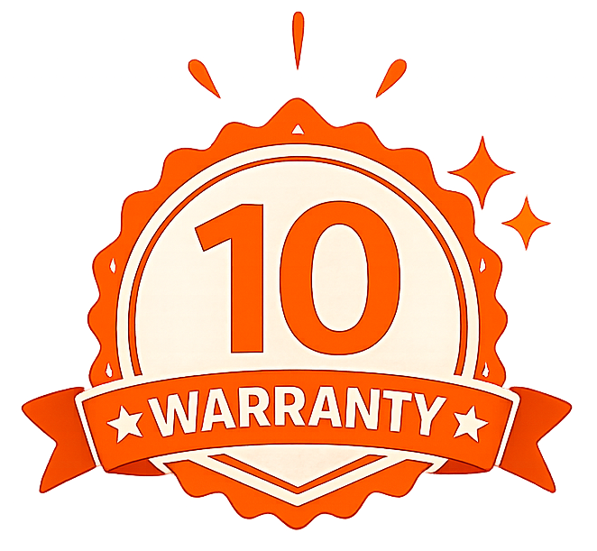 Orange 10-year warranty badge with ribbon and sparkles