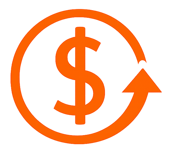 Orange dollar sign inside a circular arrow, symbolizing money or currency exchange