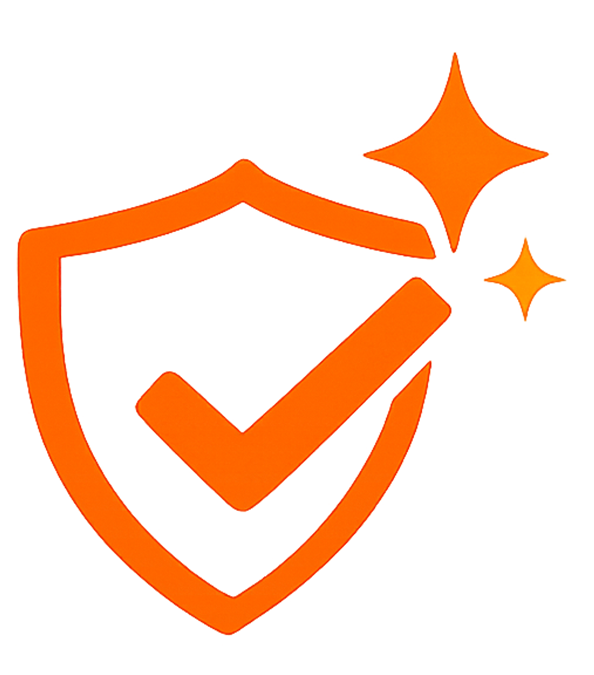 Orange shield with checkmark and sparkles icon