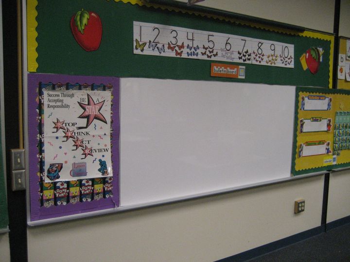 Classroom bulletin board with a blank white center, colorful posters, and a number chart along the top