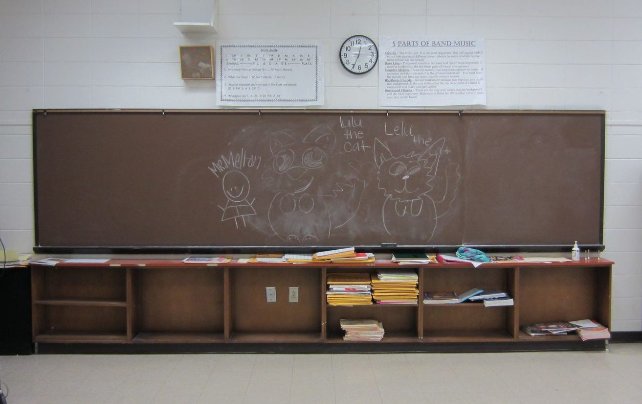 Empty classroom with a chalkboard covered in faint chalk drawings and shelves beneath it