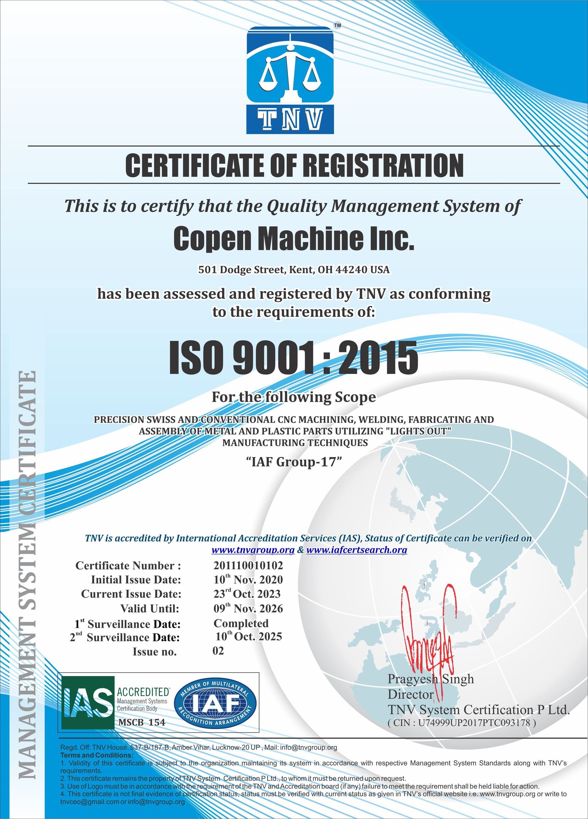 Copen Machine Certificate of registration 2026 ISO registered by TNV