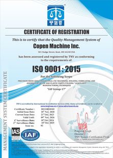 A certificate of registration for copen machine inc. iso 9001 : 2015