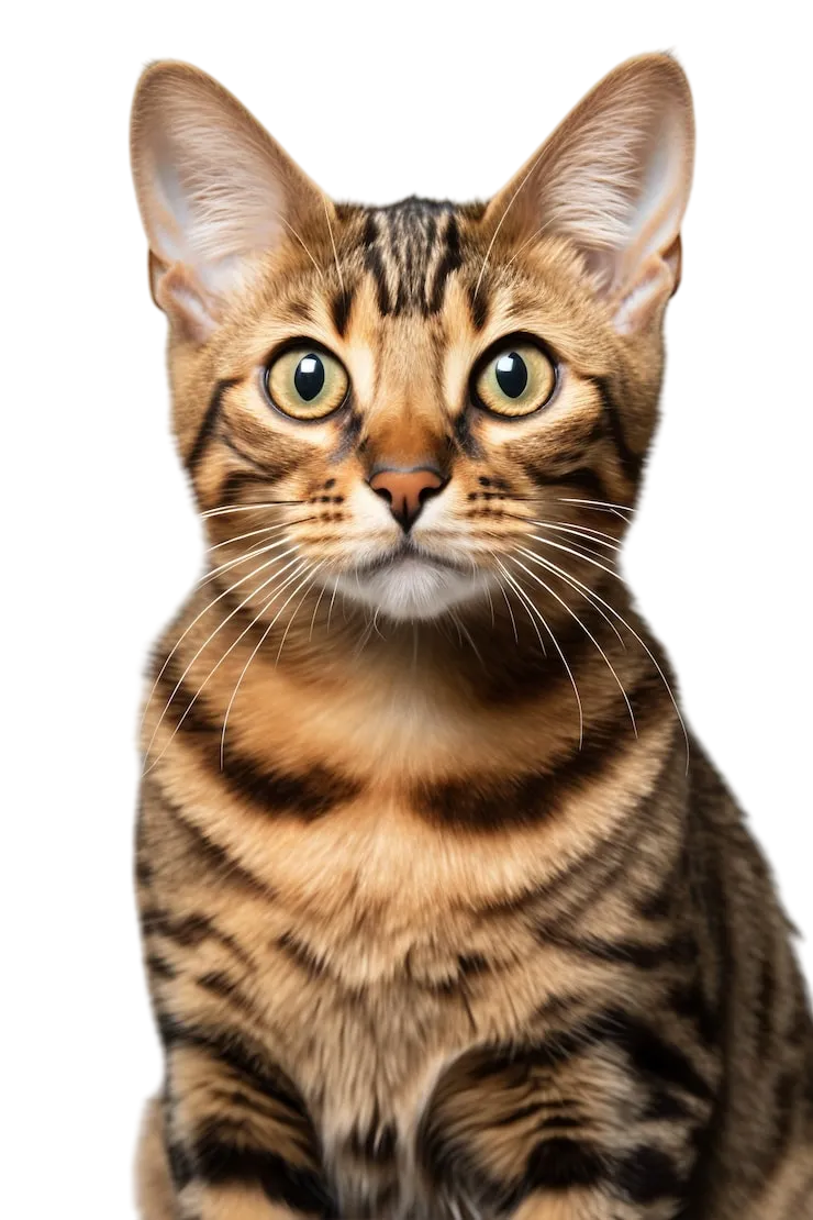 Brown Bengal cat with striking striped markings, gazing intently forward.