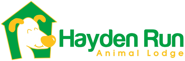 Logo for Hayden Run Animal Lodge, featuring a dog inside a green house and green text.