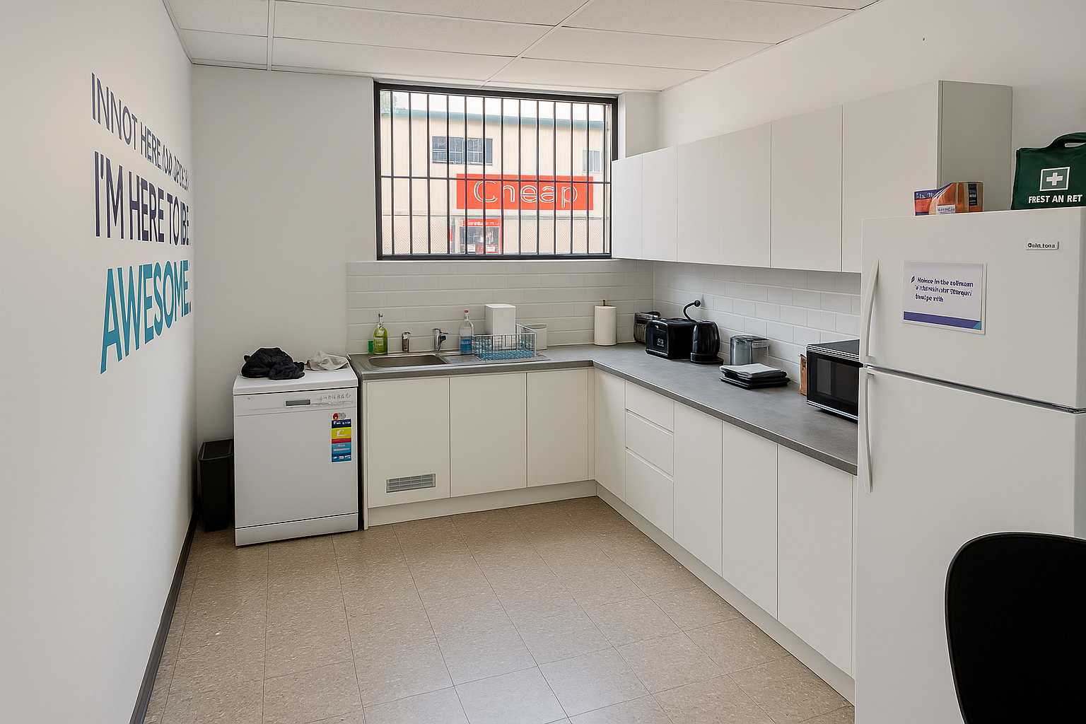 Office kitchen with white cabinets, appliances, window, and sink. A dishwasher, microwave, and refrigerator are visible.