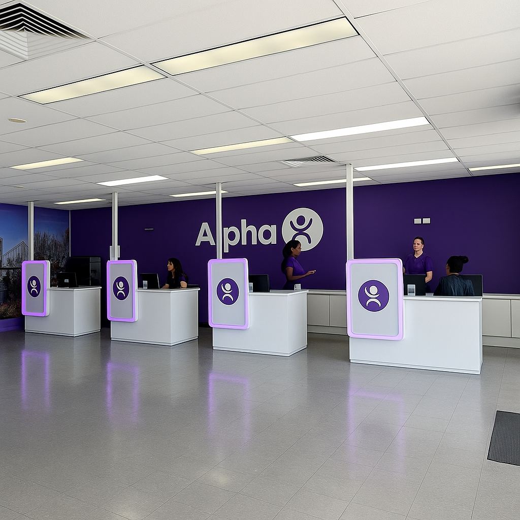Inside Alpha store: Several employees at white counters in front of a purple wall.