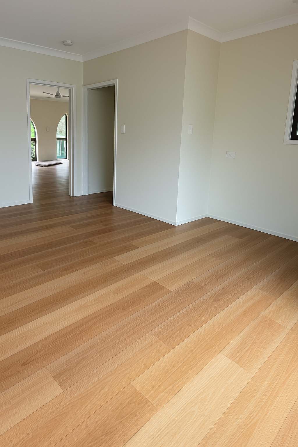 Empty room with light-colored wooden flooring, white walls, and doorways leading to other rooms.