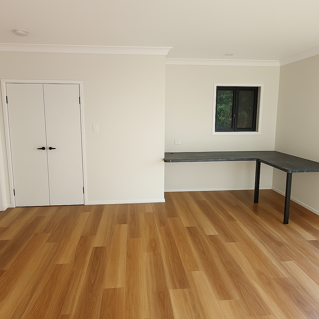 A light-walled room with wood-look flooring, a double white door, and a built-in dark desk under a small window
