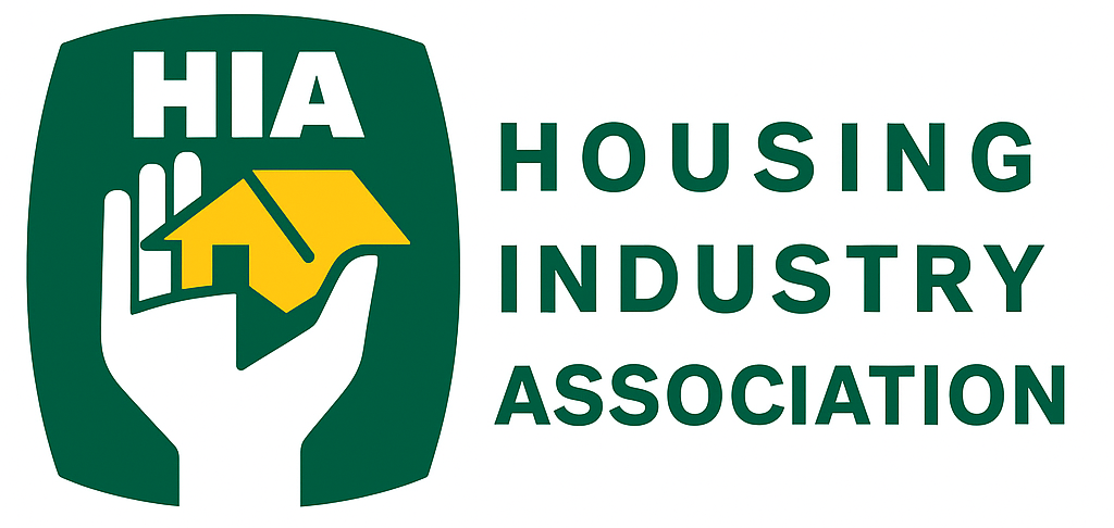Logo of Housing Industry Association; a green hand holding a yellow house, with 