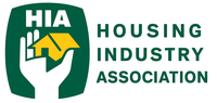 Logo of Housing Industry Association; a green hand holding a yellow house, with 
