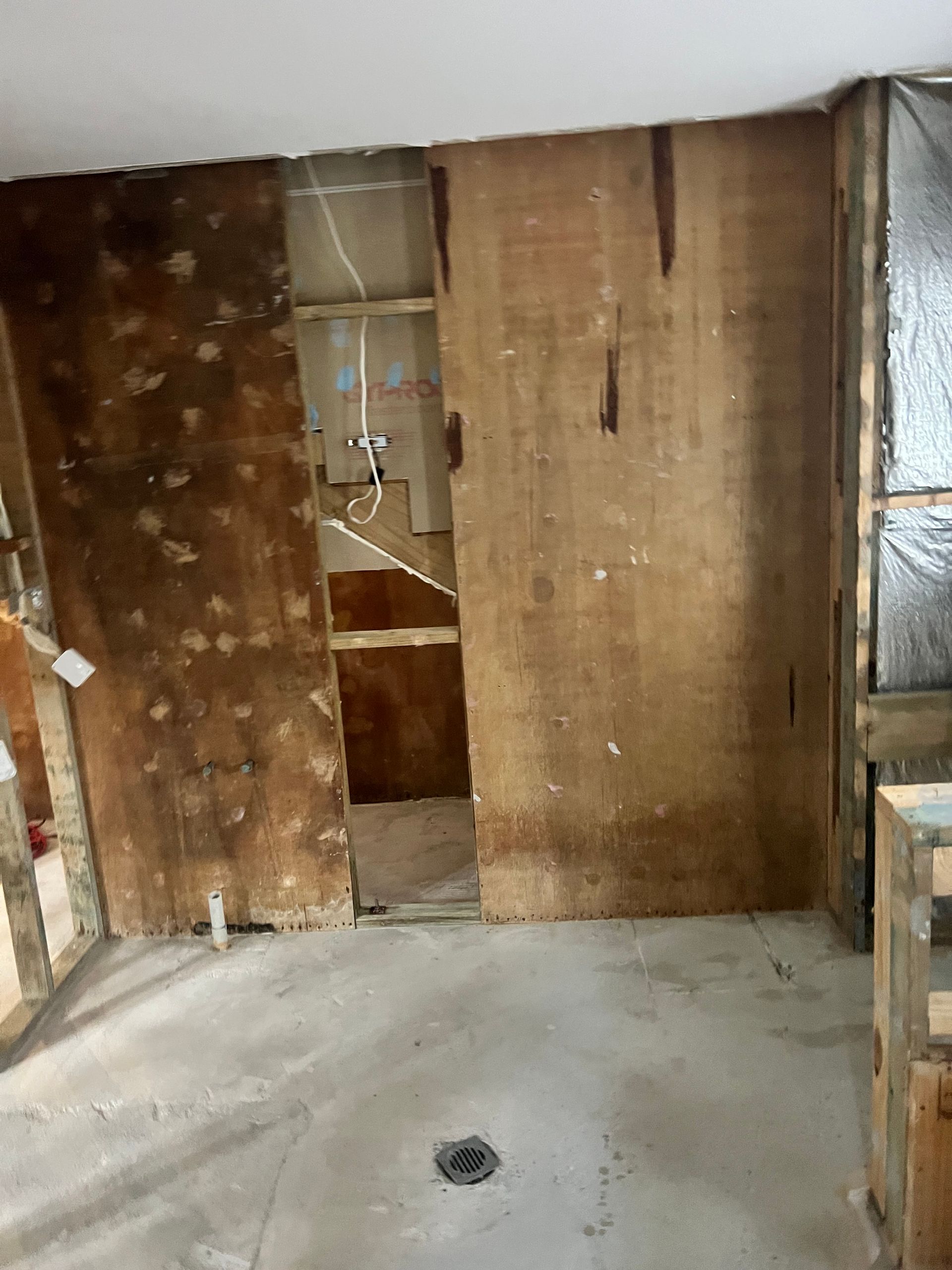 Demolished bathroom with exposed plywood walls, plumbing, and concrete floor.