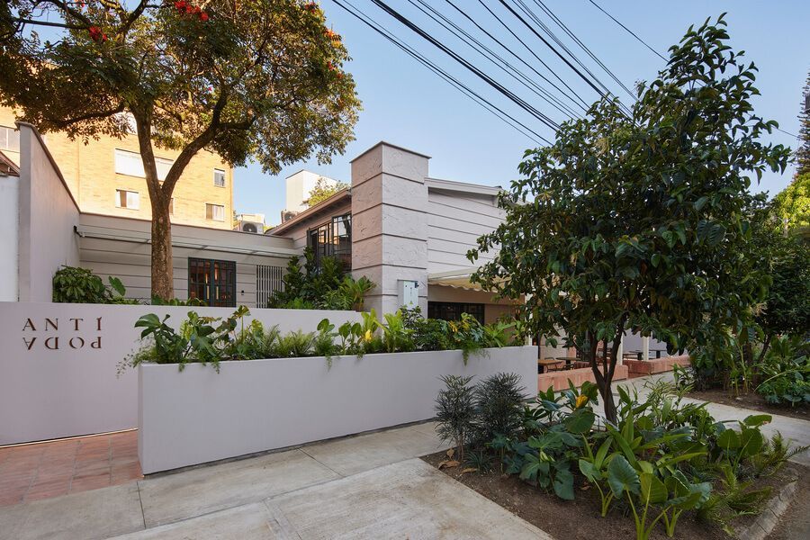 Entrada del Antipoda Hotel rodeada de vegetación y árboles.