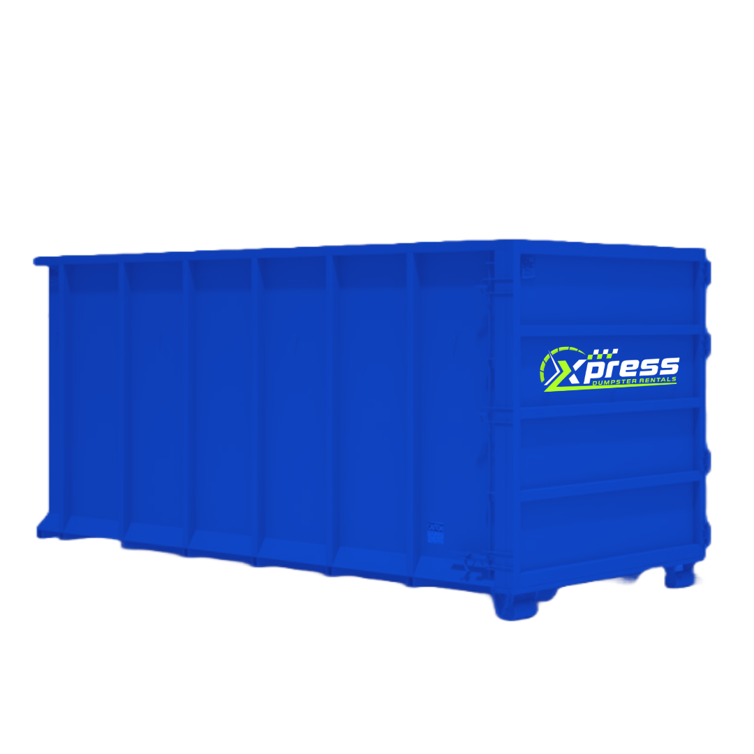 A 30 yard dumpster with a Xpress Dumpster Rentals company logo, indicating reliable waste management services