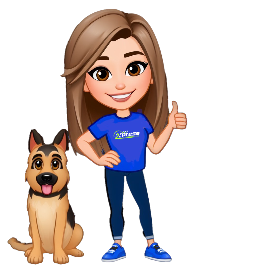 Cartoon of Julie The Owner of Xpress Dumpster Rentals and her Dog Max