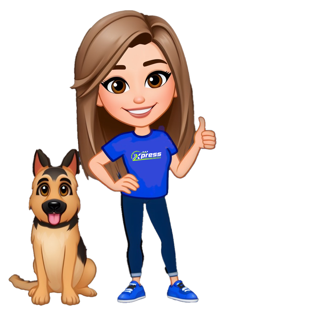 a cartoon girl is standing next to a german shepherd dog and giving a thumbs up .