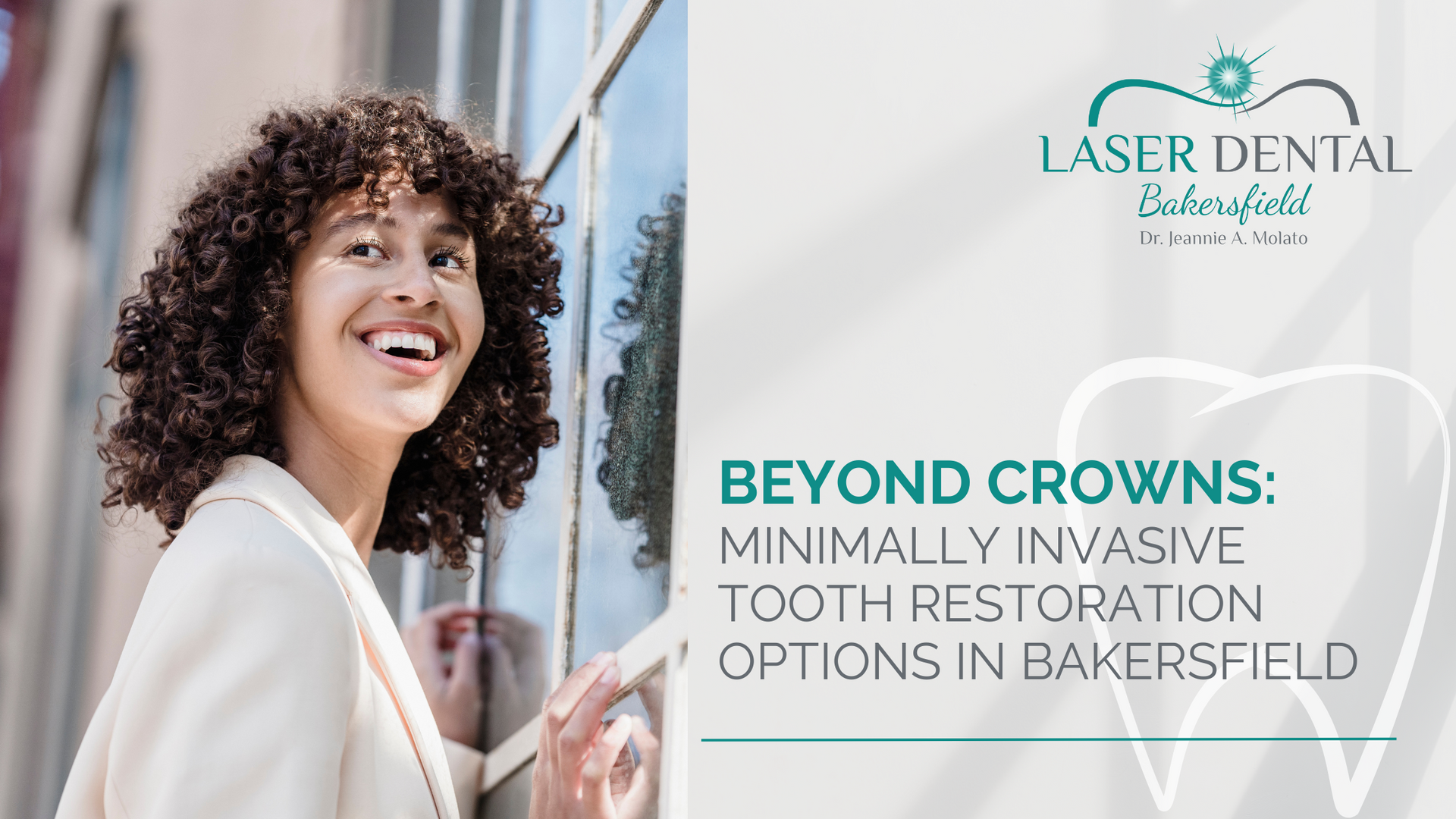 Woman smiling by a window, with dental clinic logo and text about minimally invasive tooth restoration in Bakersfield.