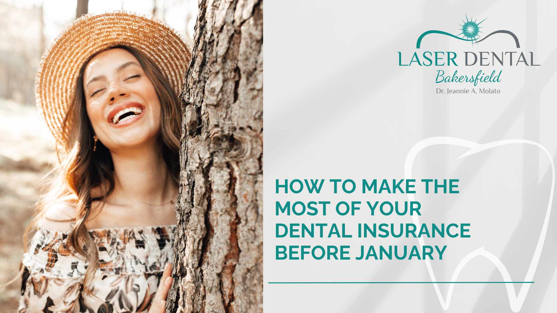 Woman in a straw hat smiles near a tree, text reads: