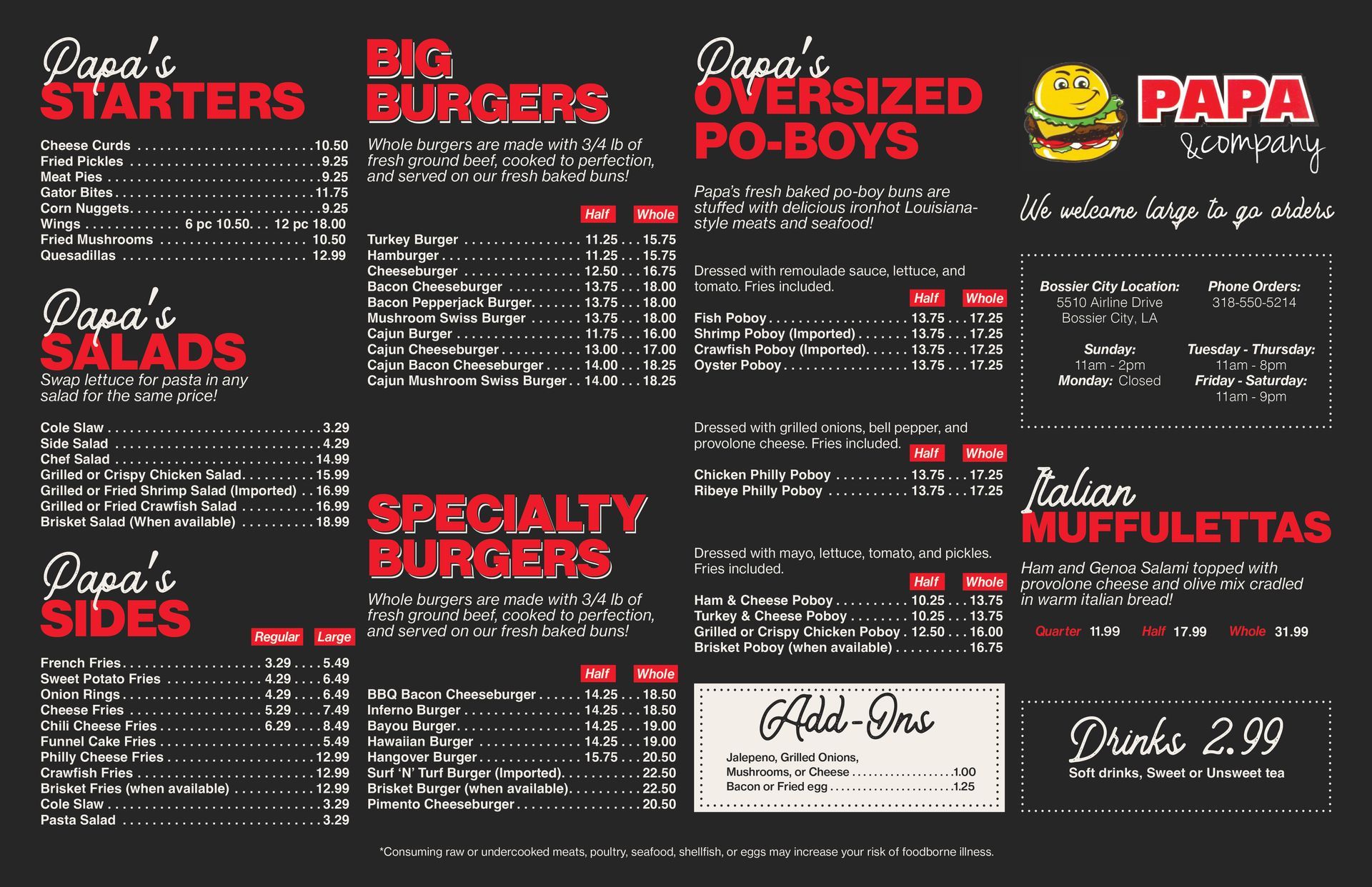 Papa's restaurant menu on a black background, with categories for starters, salads, burgers, sides, and drinks.
