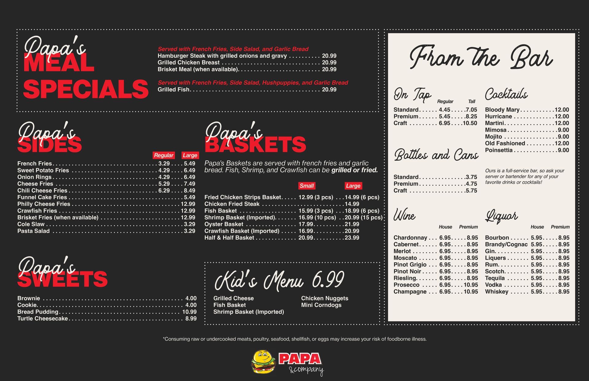Menu board with food and drink sections, including meal specials, sides, baskets, sweets, and bar items.