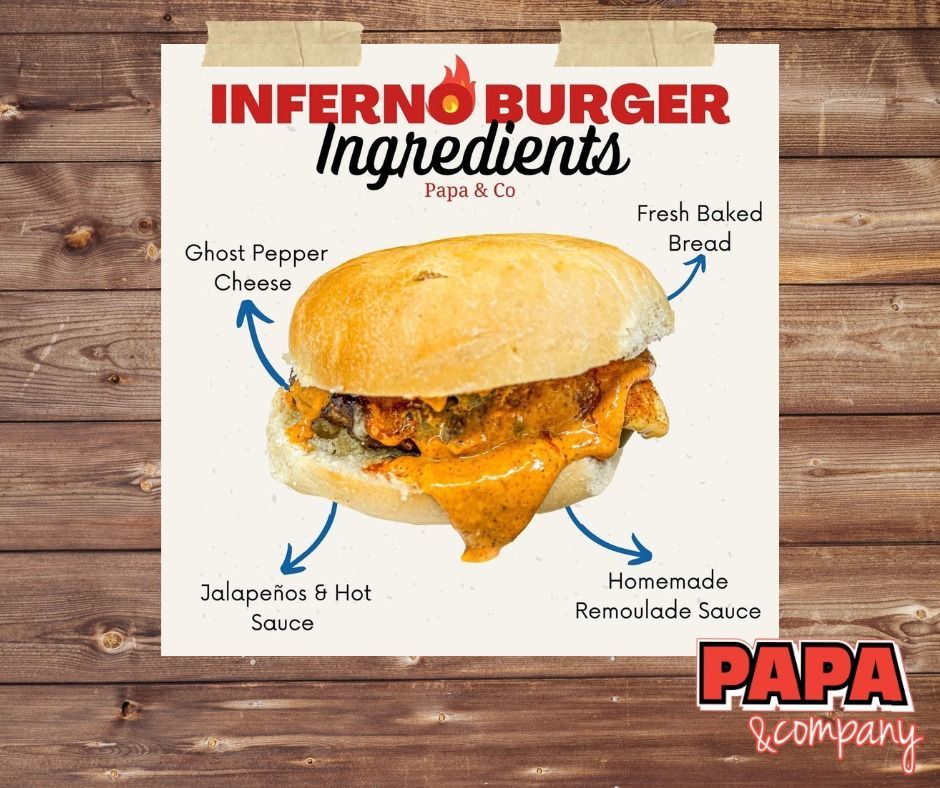 A poster of an inferno burger on a wooden table