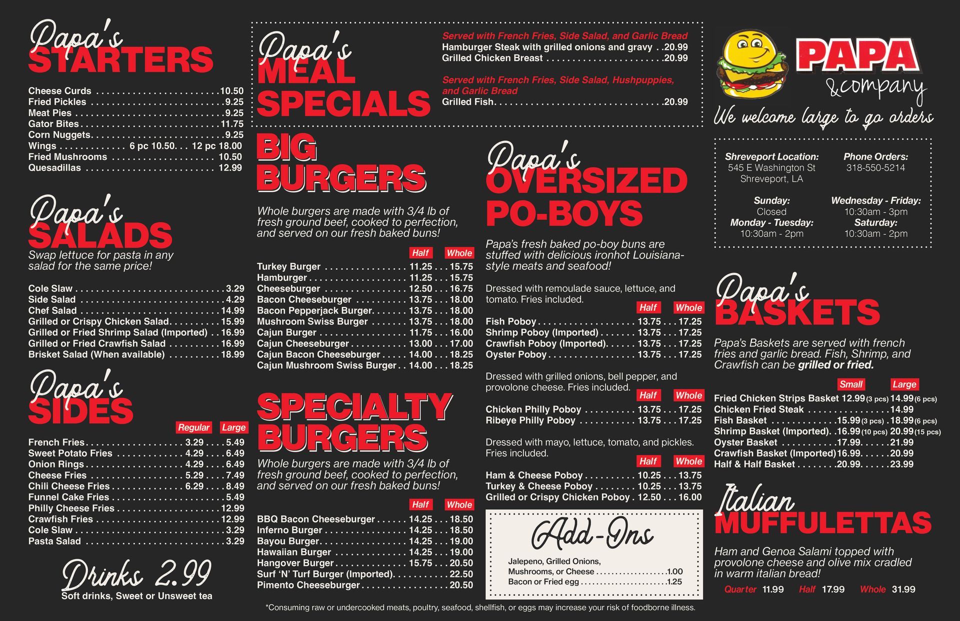 Menu board with Papa's restaurant offerings. Categories include starters, meals, burgers, salads, sides, and more, all with red lettering.