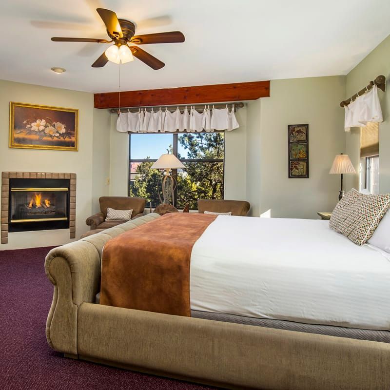 A bedroom with a king size bed and a fireplace