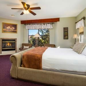 A bedroom with a king size bed and a fireplace