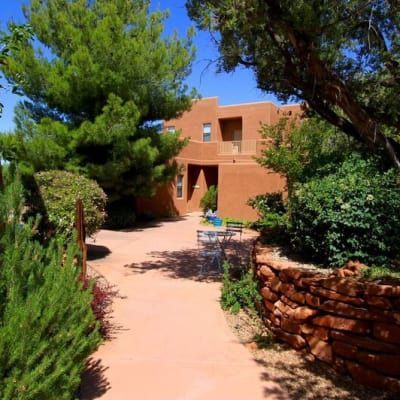 A brick walkway leading to a house surrounded by trees and bushes