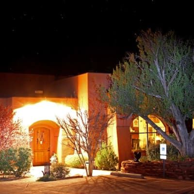 A house is lit up at night with trees in front of it