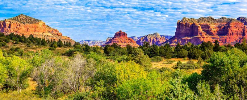 There are mountains in the background and trees in the foreground.