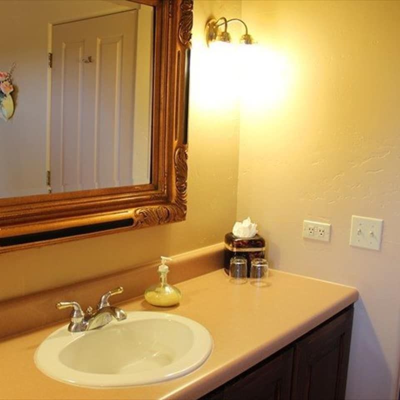 A bathroom counter with a sink and a mirror