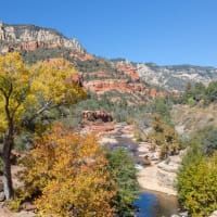 A river running through a valley surrounded by trees and mountains.