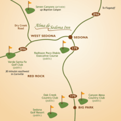 A map showing the location of the alma de sedona inn