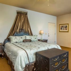 A bedroom with a king size bed and a canopy over it.