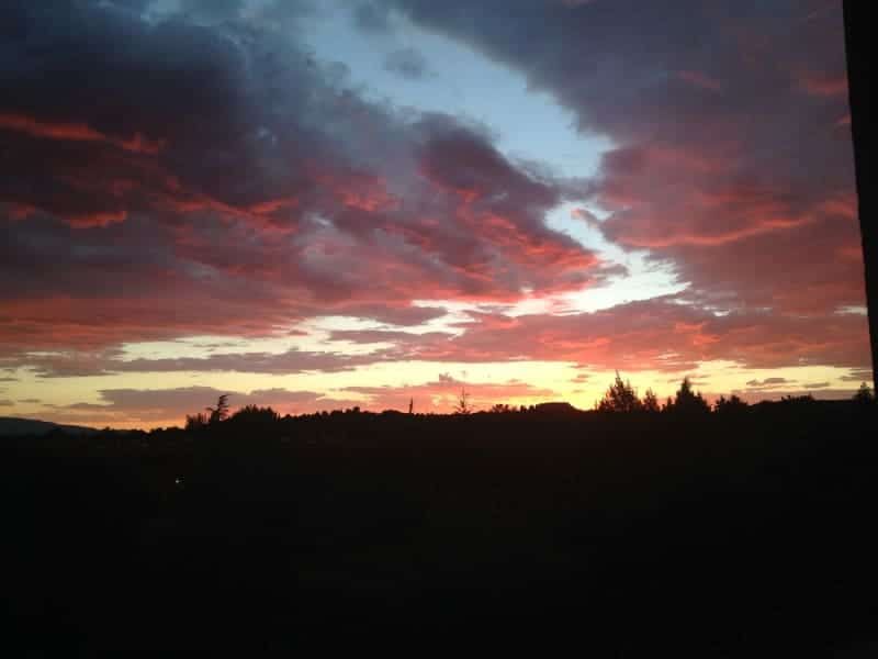 A sunset over a field with trees in the foreground