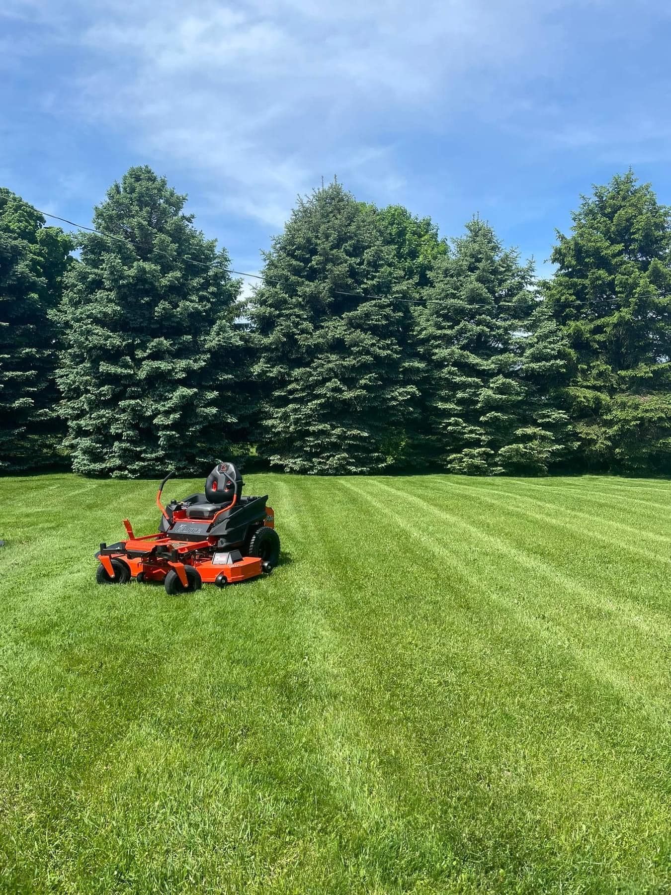 A person is riding a lawn mower in a lush green field.