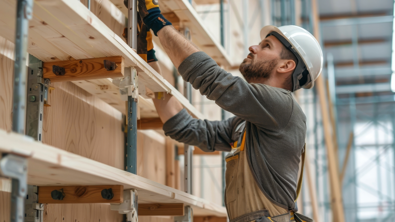 A man is climbing up a wooden shelf in a warehouse.