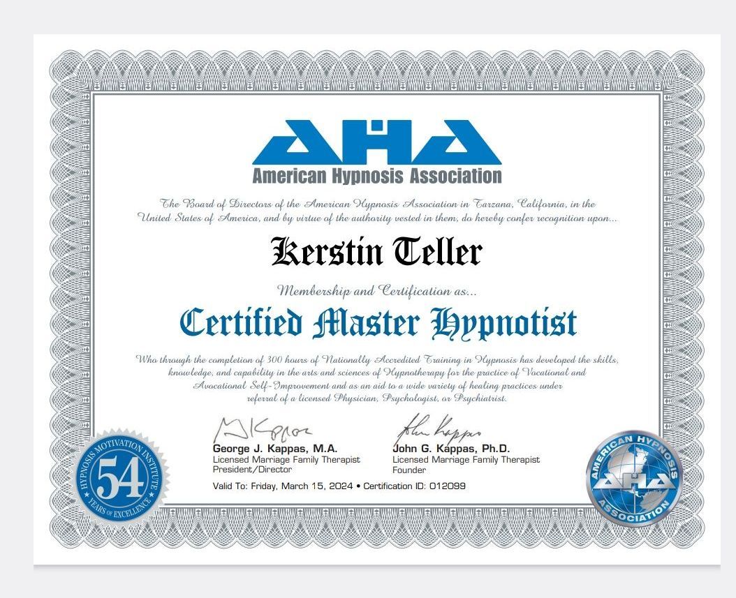 A certificate that says certified master hypnotist on it