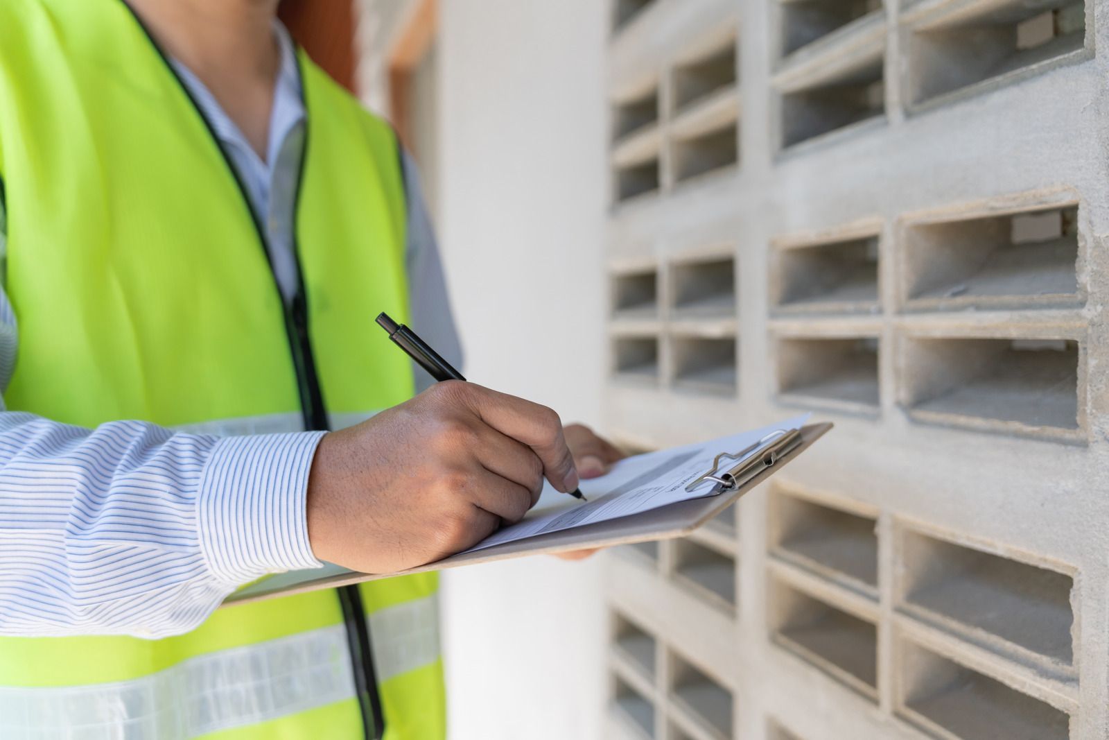 Person in a safety vest writing on a clipboard next to a block wall.