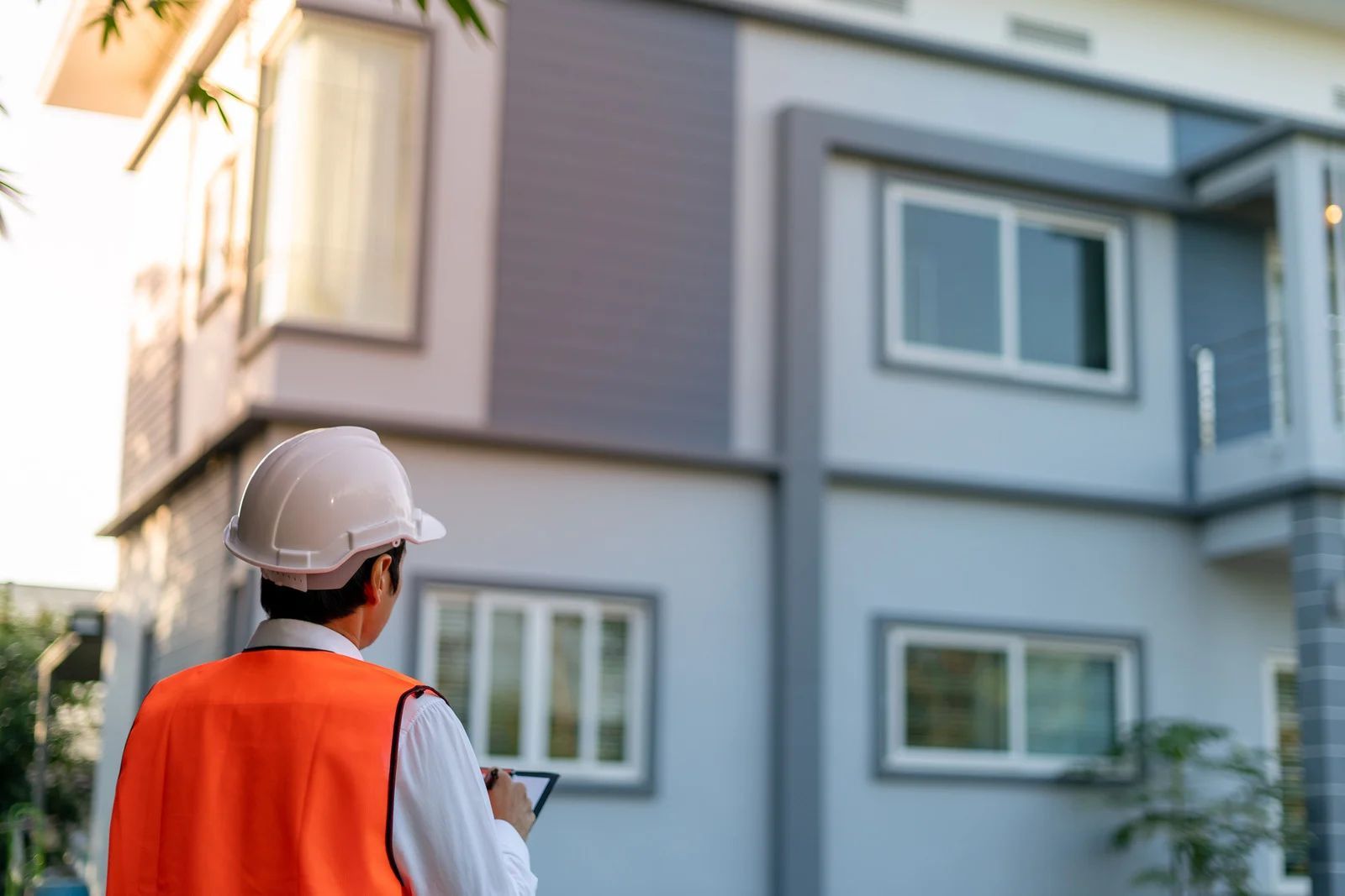 Construction worker in hard hat and vest inspecting a two-story house, using a tablet.