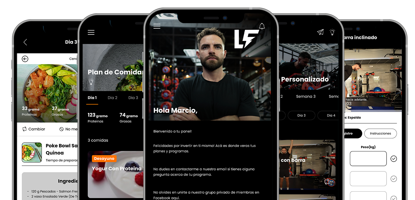 Screenshots of a fitness app on five smartphones showcasing workout videos and nutritional content. LEVAFIT