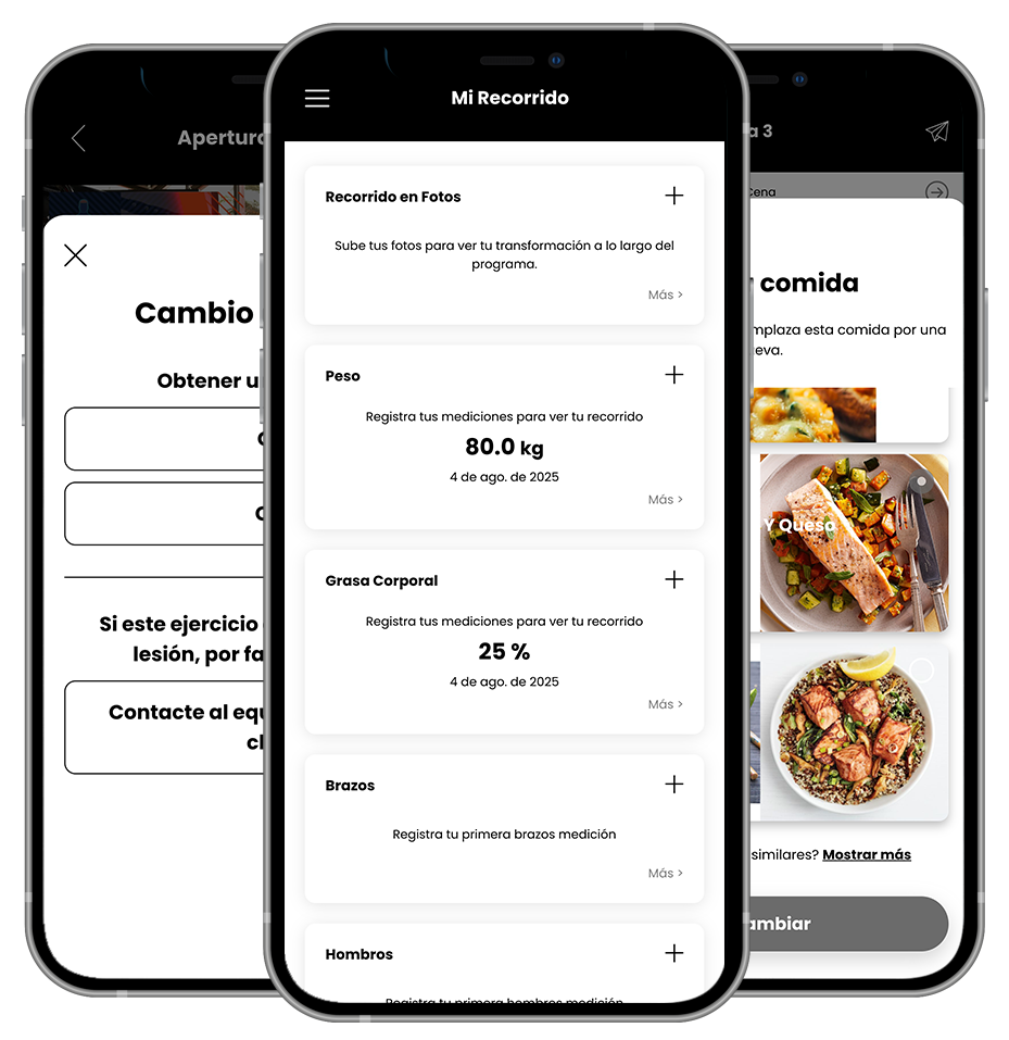 Three cell phones are displaying a food diary app. TBW FITNESS - THE BASICS WORK - NUTRITION AND MEAL PLANS