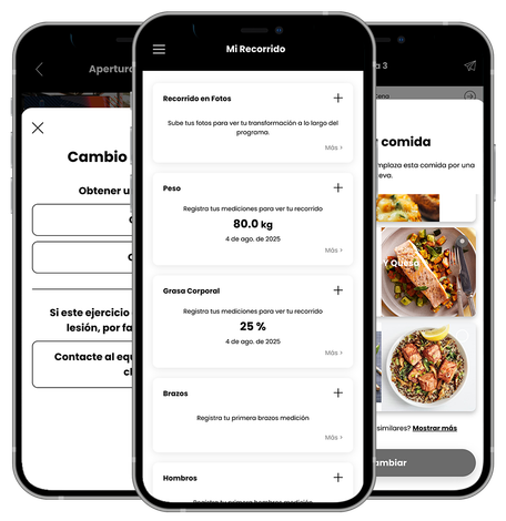 Three cell phones are displaying a food diary app. TBW FITNESS - THE BASICS WORK - NUTRITION AND MEAL PLANS