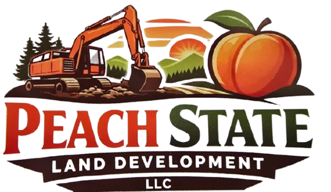 A logo for Peach State Land Development featuring an orange excavator, a sunset landscape, and a large peach.