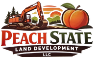 A logo for Peach State Land Development featuring an orange excavator, a sunset landscape, and a large peach.